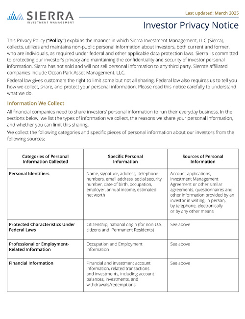 Sierra Investment Management Investor Privacy Notice, March 2025 Thumbnail