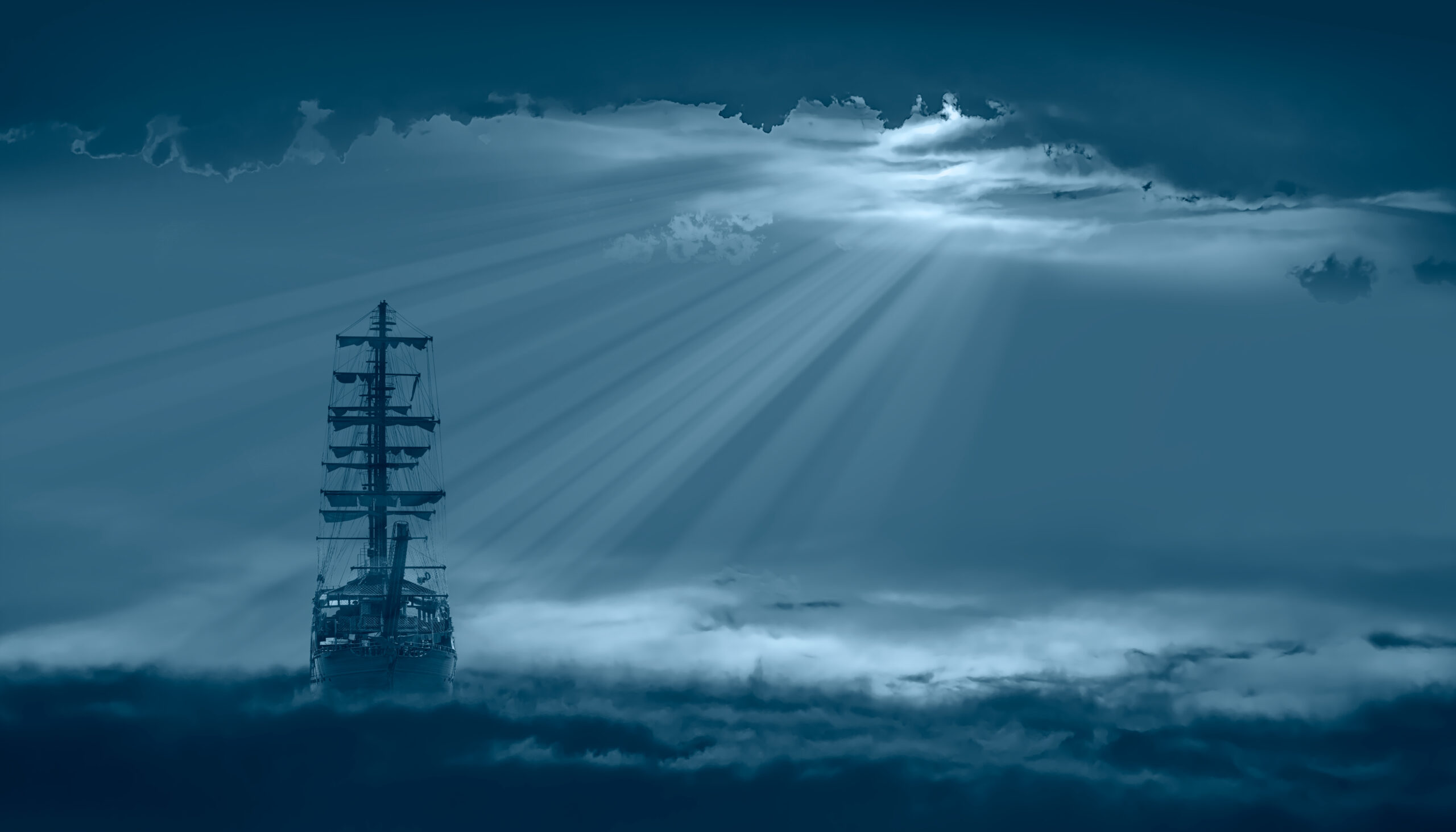 An old sailing ship in the mist sails towards the rocks with amazing lighthouse - Sailing old ship in a storm sea in the background stormy clouds